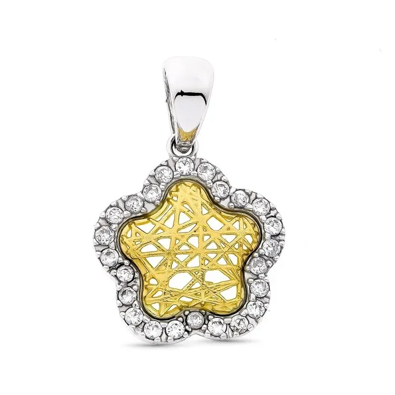 Colgante oro bicolor 18k mujer forma flor combinada circonitas bordes