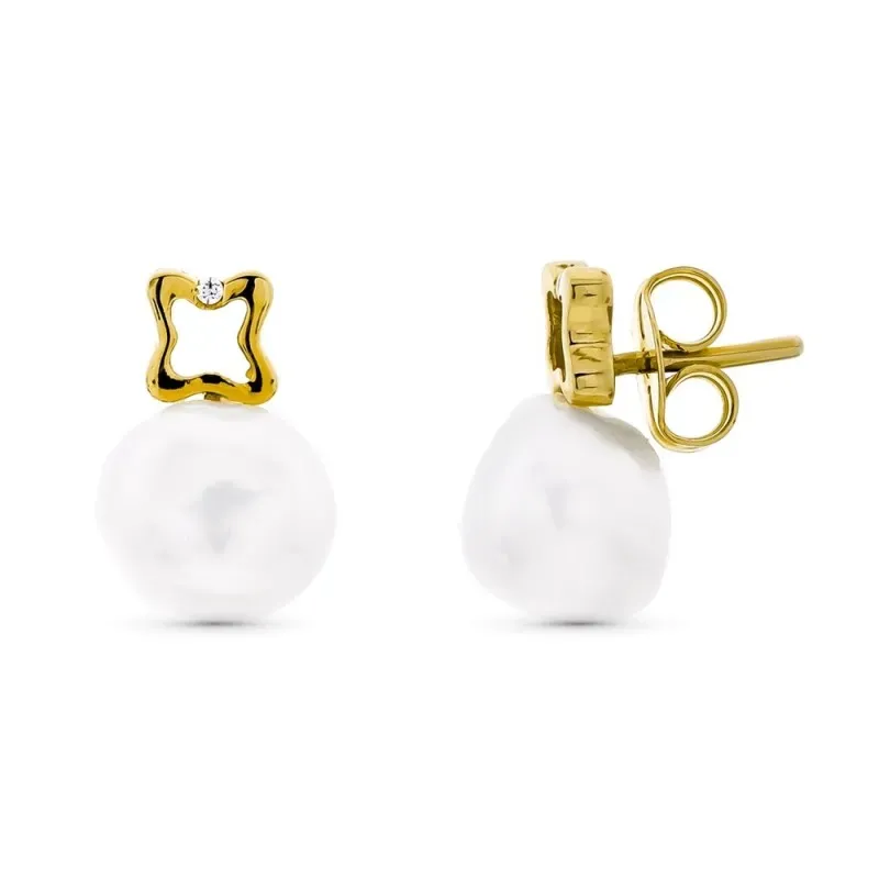 Pendientes oro 18k mujer trébol calado combinado perlas presión