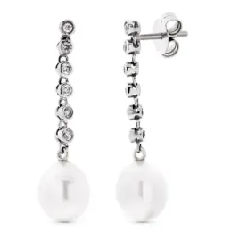 Pendientes oro blanco 18k mujer largos circonitas combinadas perlas p