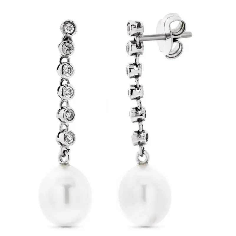 Pendientes oro blanco 18k mujer largos circonitas combinadas perlas p