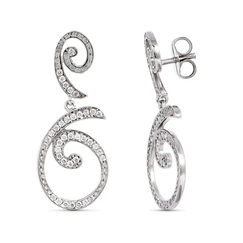 Pendientes oro blanco 18k mujer largos 35 mm. circonitas combinadas f