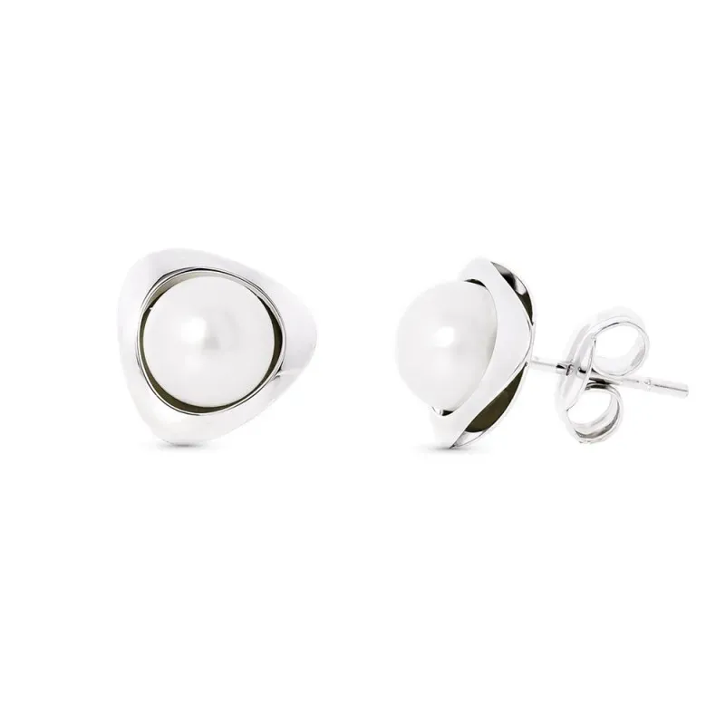 Pendientes oro blanco 18k mujer 9 mm. forma triángulo combinado perla