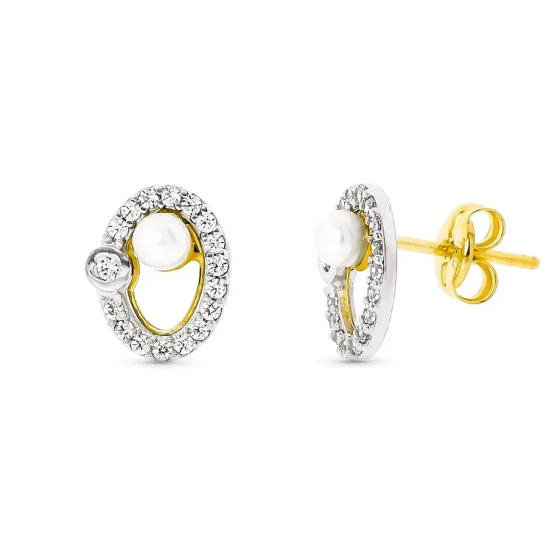 Pendientes oro bicolor 18k mujer 9 mm. ovalados calados combinados pe