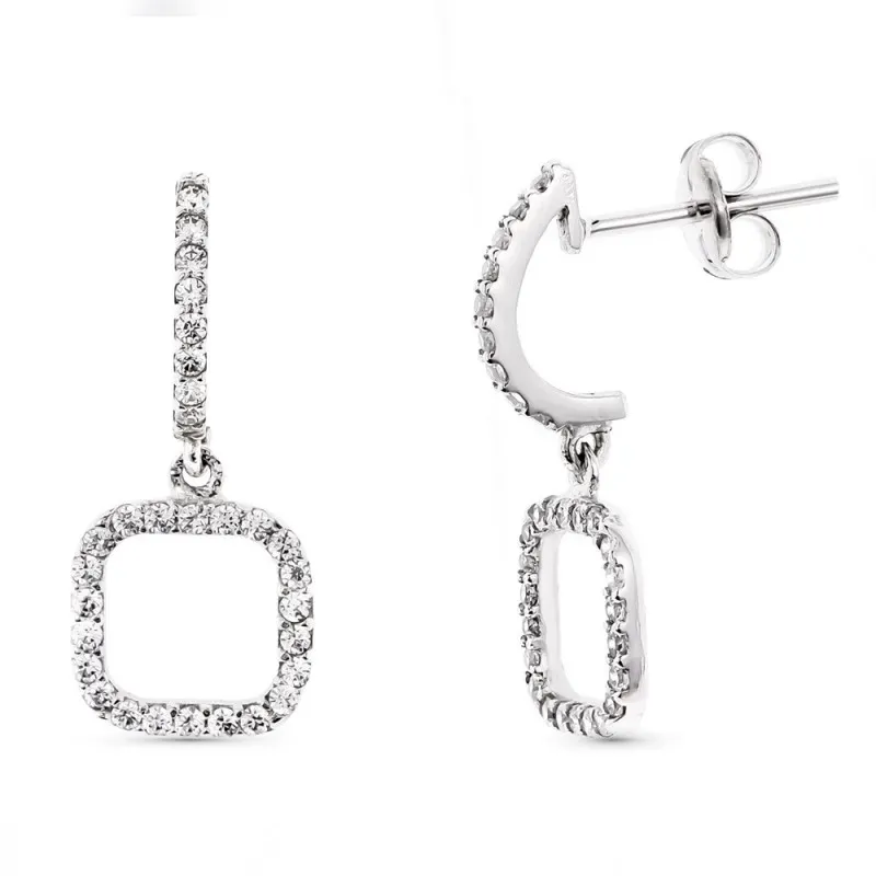 Pendientes oro blanco 18k mujer largos 19 mm. cuadrados calados borde