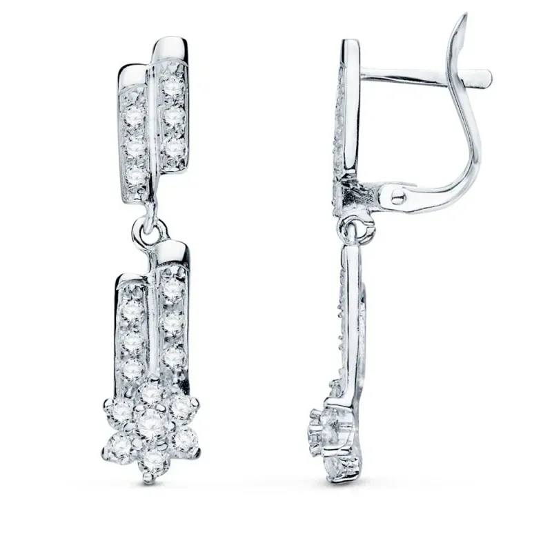 Pendientes oro blanco 18k mujer largos 28 mm. estrella circonitas com