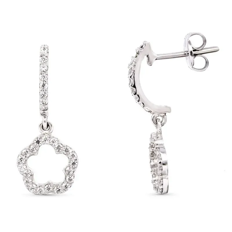 Pendientes oro blanco 18k mujer largos 19 mm. forma flor calada combi