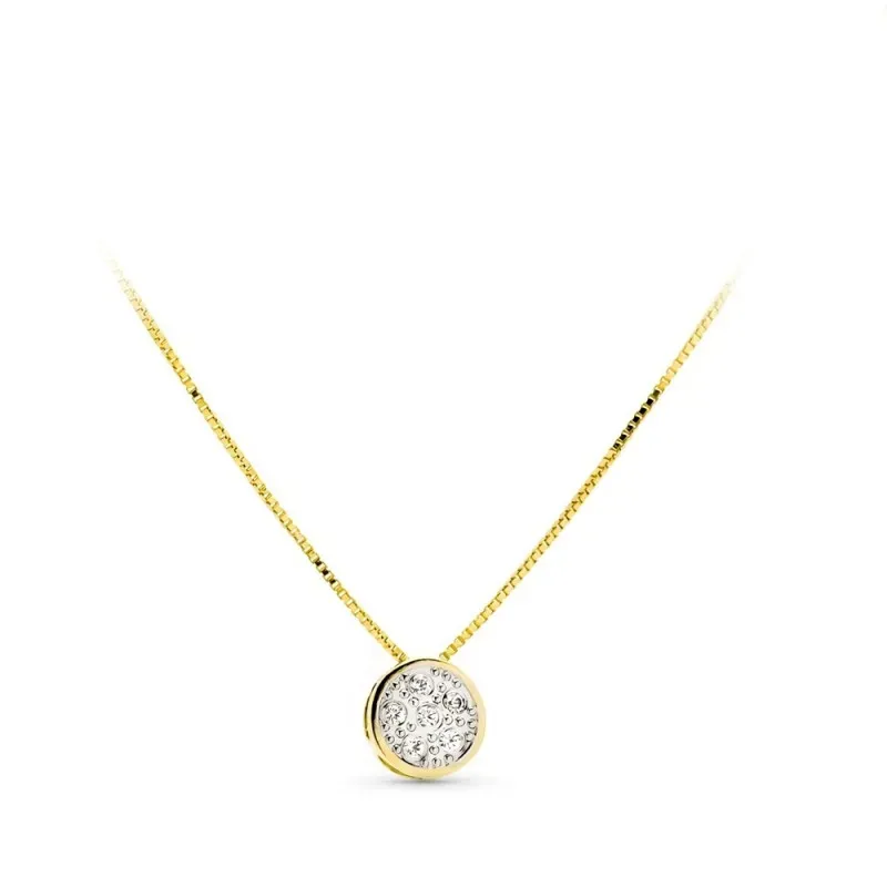 Gargantilla oro bicolor 18k mujer colgante redondo 5.5 mm. circonitas