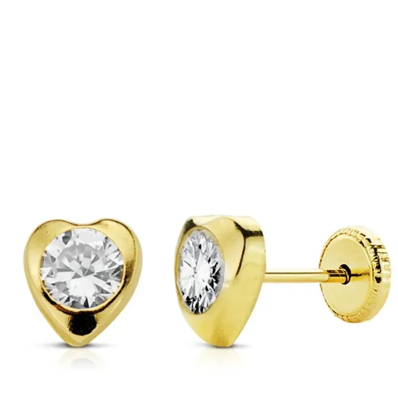 Pendientes oro 18k corazón 7 mm. circonita presión