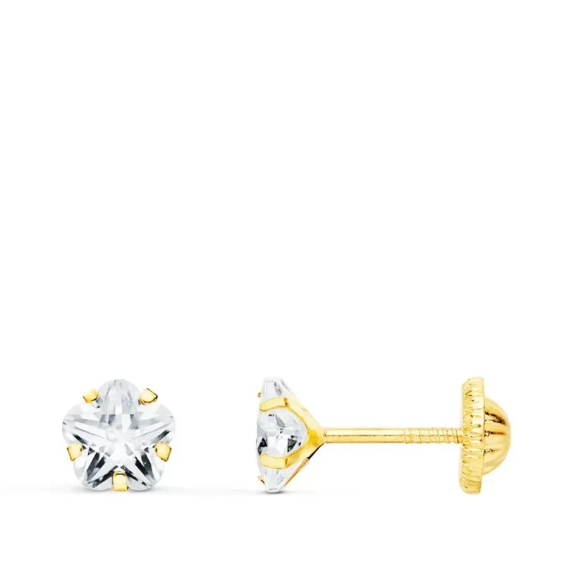 Pendientes oro 18k flor 5 mm. circonita tornillo