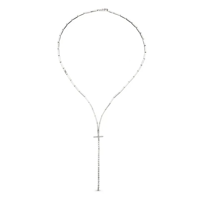 Gargantilla oro blanco 18k semirrígida mujer colgante cruz circonitas