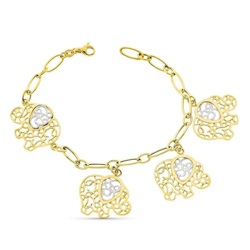 Pulsera oro bicolor 18k mujer 19.5 cm. elefantes calados mosquetón