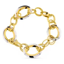 Pulsera oro bicolor 18k mujer eslabones combinados ovalados calados