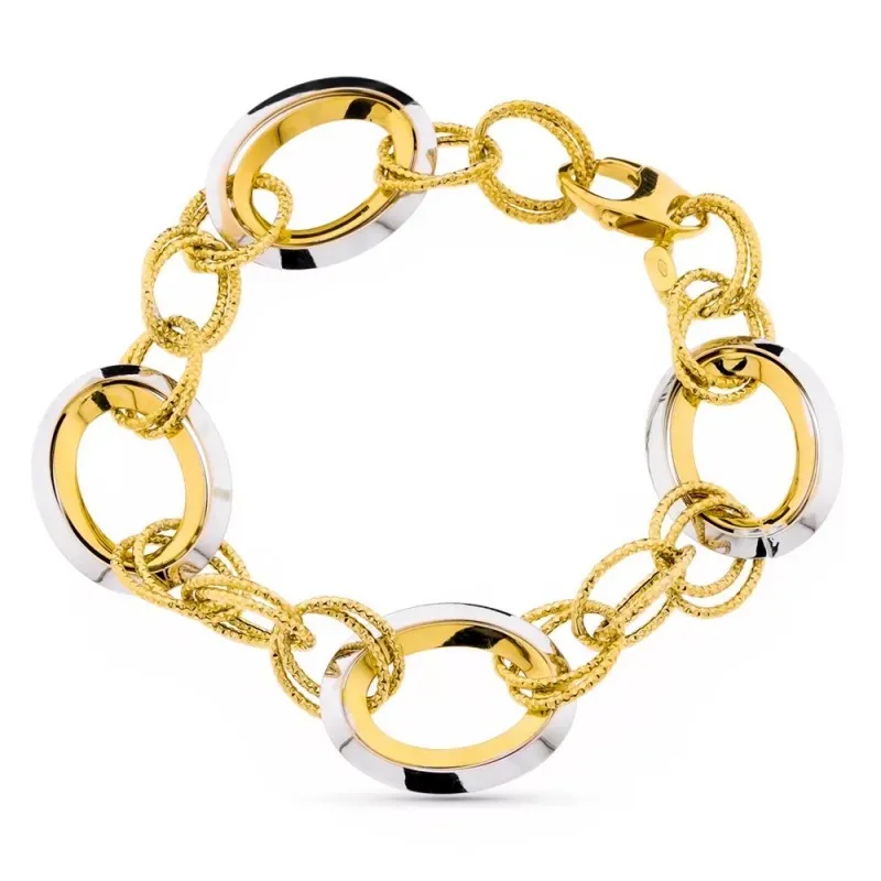 Pulsera oro bicolor 18k mujer eslabones combinados ovalados calados