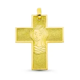 Cruz colgante oro 18k Virgen centro 30 mm. detalles bordes lisos