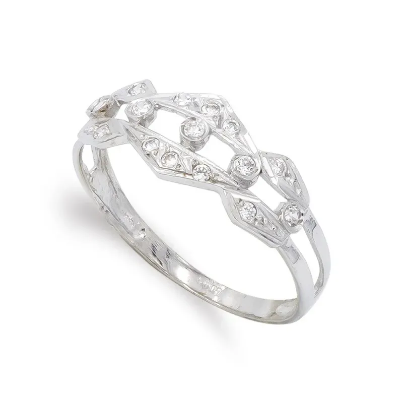 Sortija oro blanco 18k mujer circonitas formas caladas dos hilos