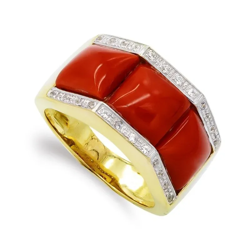Sortija oro 18k mujer coral fino combinado circonitas bordes