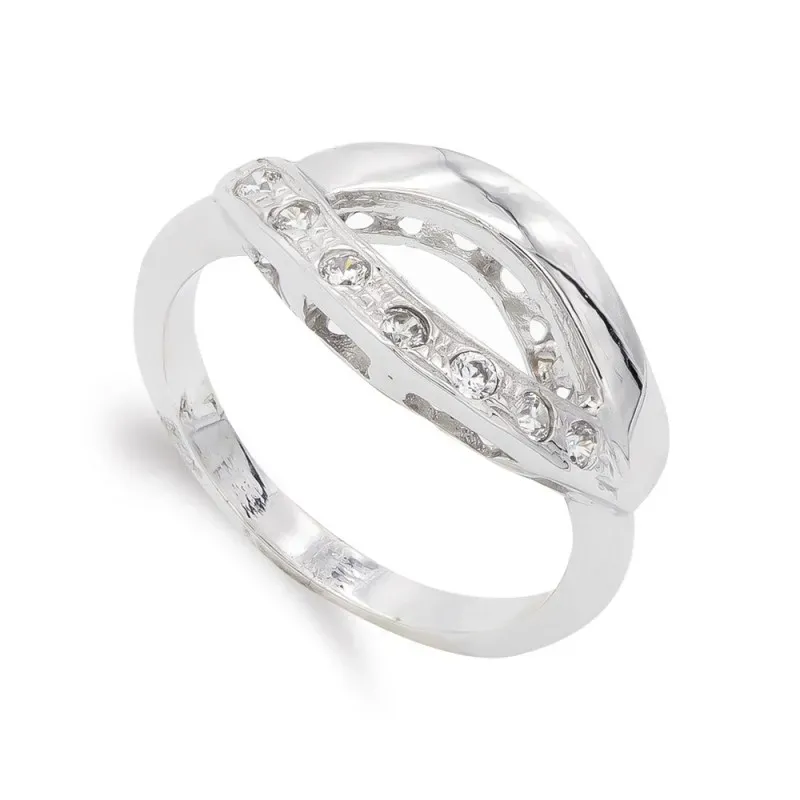 Sortija oro blanco 18k mujer bandas combinadas caladas circonitas