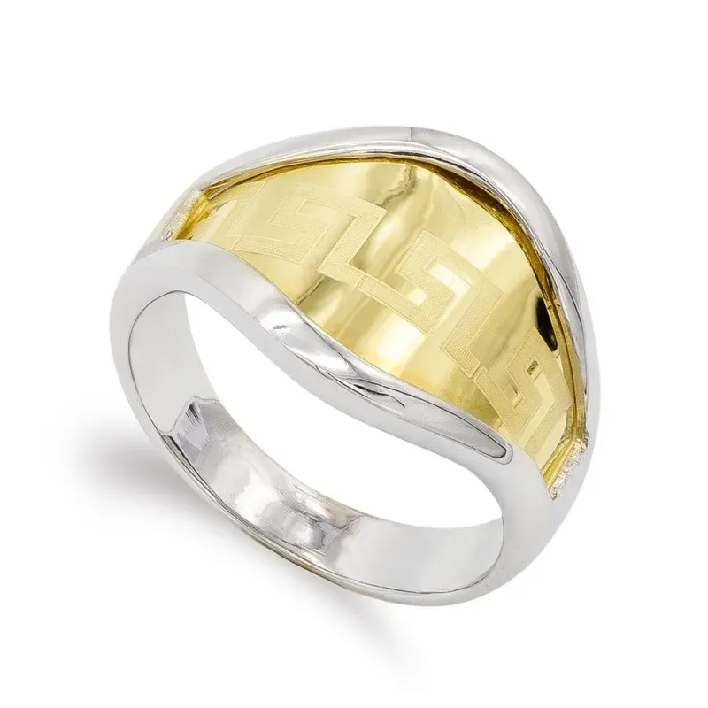 Sortija oro bicolor 18k mujer lisa detalle greca centro