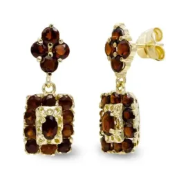 Pendientes oro 18k mujer largos combinados piedra granate presión