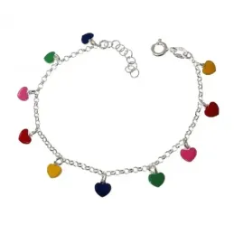 Pulsera plata Ley 925m niña 15 cm. corazones esmaltados colores colga