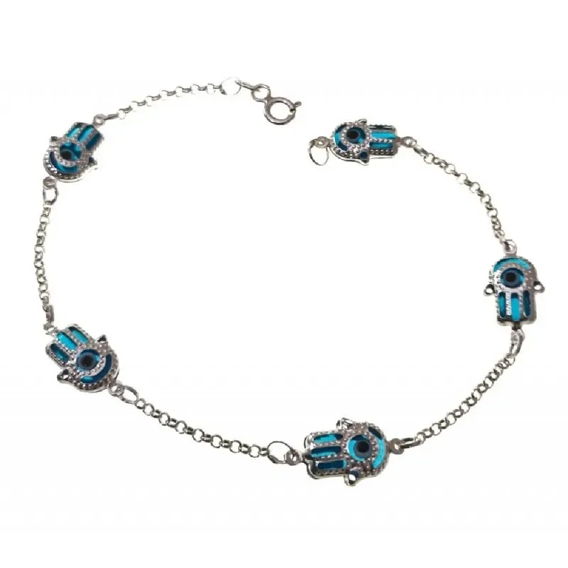 Pulsera plata Ley 925m mujer 19 cm. mano Fátima ojos turcos combinado