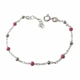 Pulsera plata Ley 925m niña 15 cm. bolas color rosa combinadas lisas