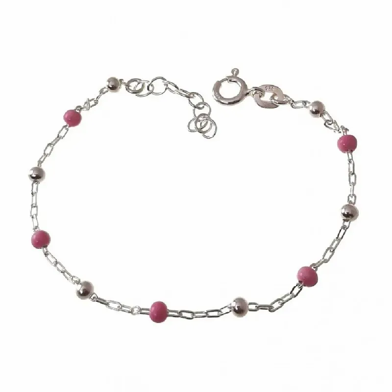 Pulsera plata Ley 925m niña 15 cm. bolas color rosa combinadas lisas