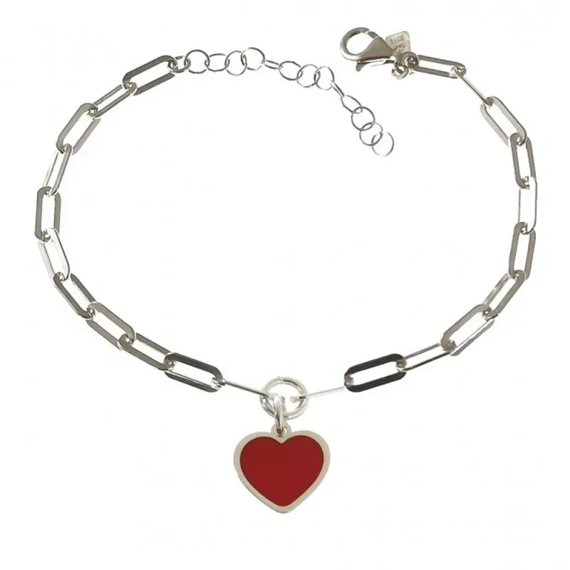 Pulsera plata Ley 925m mujer 18 cm. corazón esmaltado rojo 12 mm. for