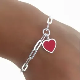Pulsera plata Ley 925m mujer 18 cm. corazón esmaltado rojo 12 mm. for