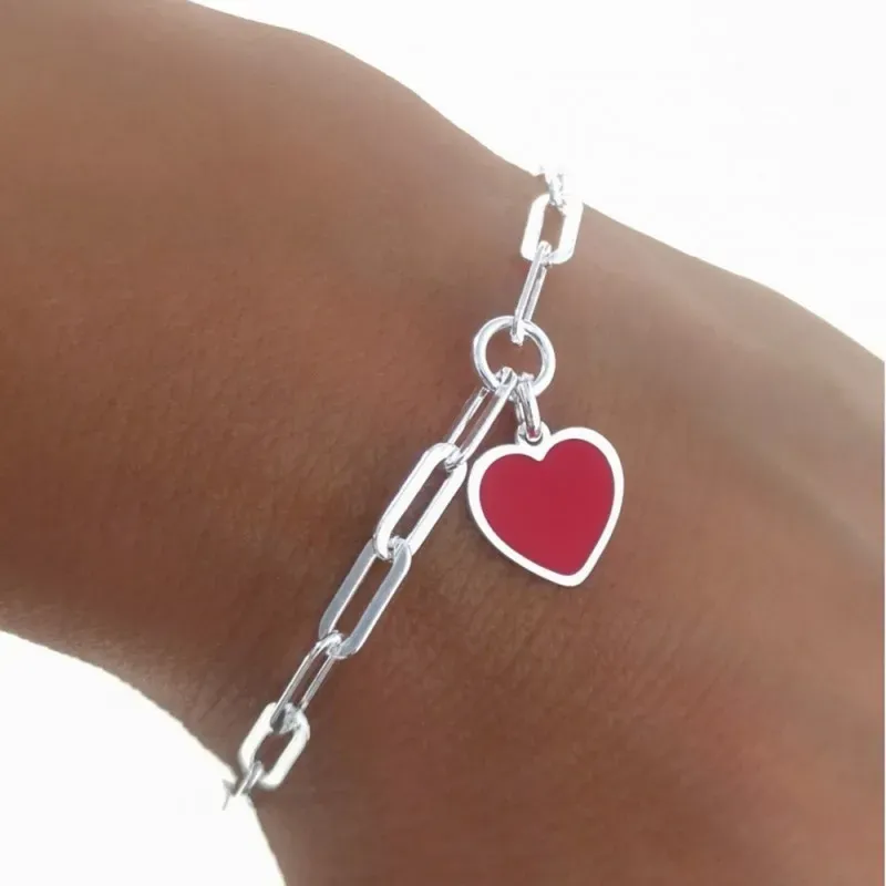 Pulsera plata Ley 925m mujer 18 cm. corazón esmaltado rojo 12 mm. for