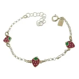 Pulsera plata Ley 925m niña 13 cm. detalles fresas esmaltadas 7 mm. c