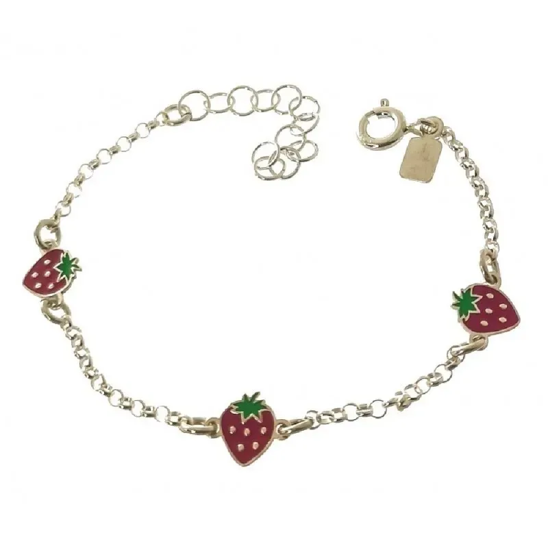 Pulsera plata Ley 925m niña 13 cm. detalles fresas esmaltadas 7 mm. c