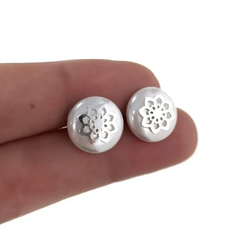 Pendientes plata Ley 925m mujer 12 mm. flor centro combinada perla pr