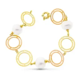 Pulsera oro bicolor 18k mujer 21 cm. aros calados combinados perlas c