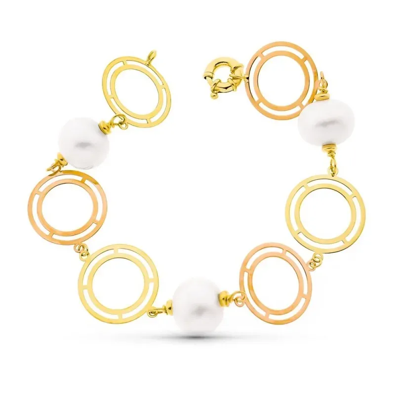 Pulsera oro bicolor 18k mujer 21 cm. aros calados combinados perlas c