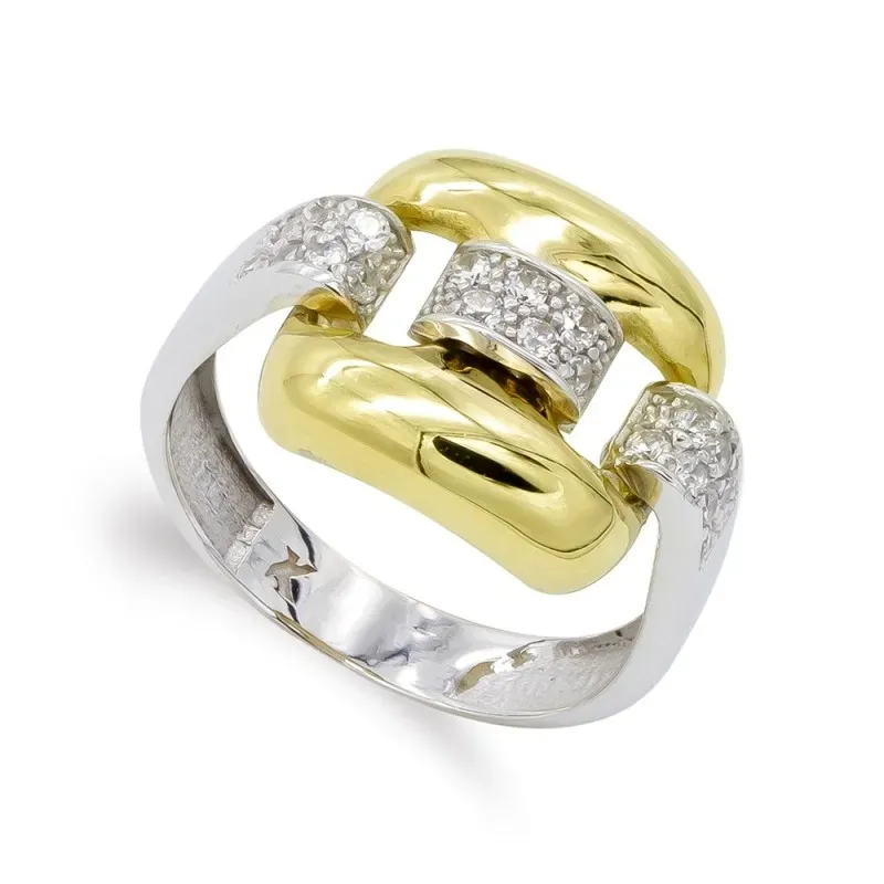 Sortija oro bicolor 18k mujer cabeza cuadrada calada combinada circon