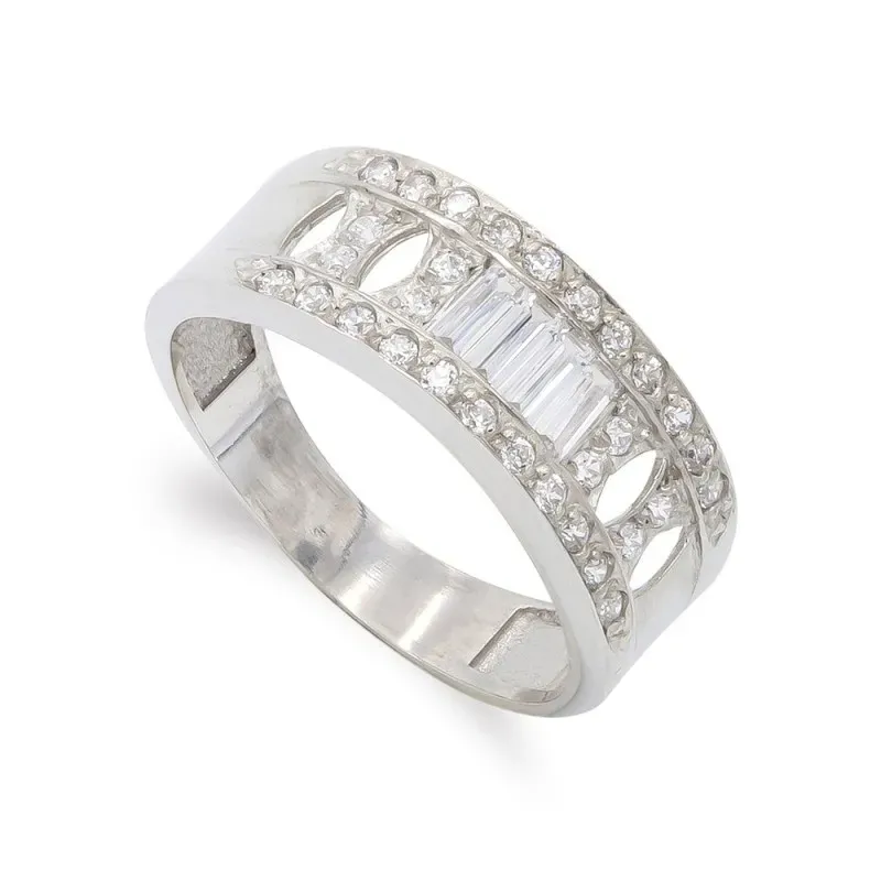 Sortija oro blanco 18k mujer lisa combinada circonitas barras caladas