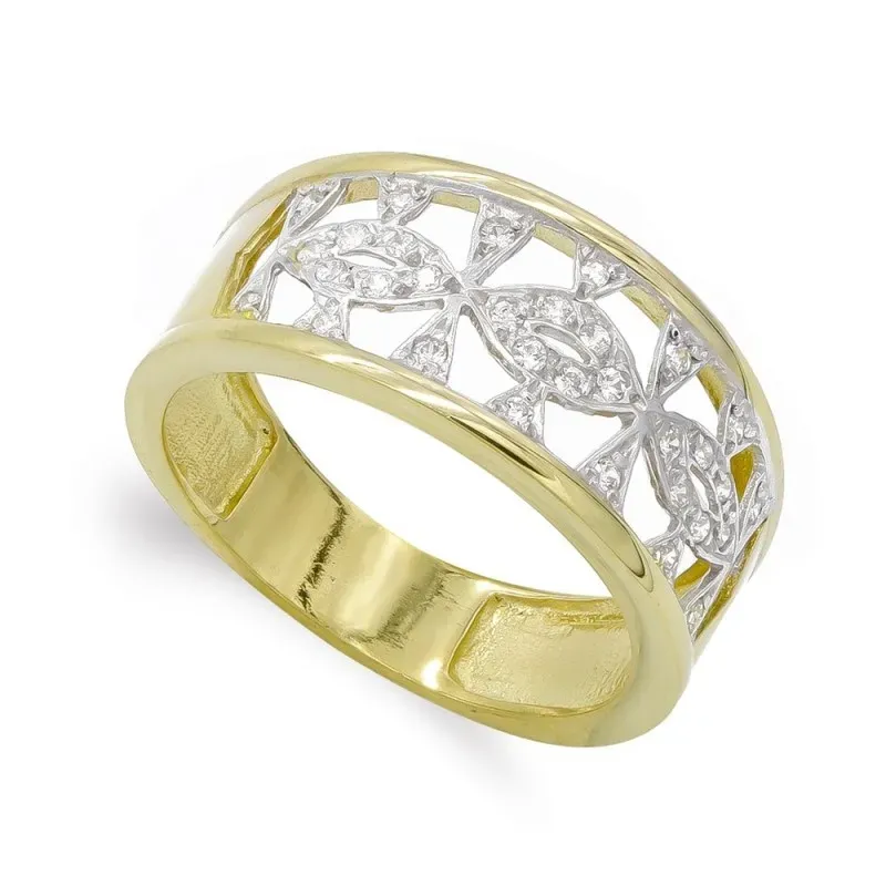 Sortija oro bicolor 18k mujer circonitas caladas formas combinadas