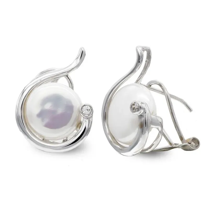 Pendientes oro blanco 18k mujer formas lisas combinadas perla botón 1