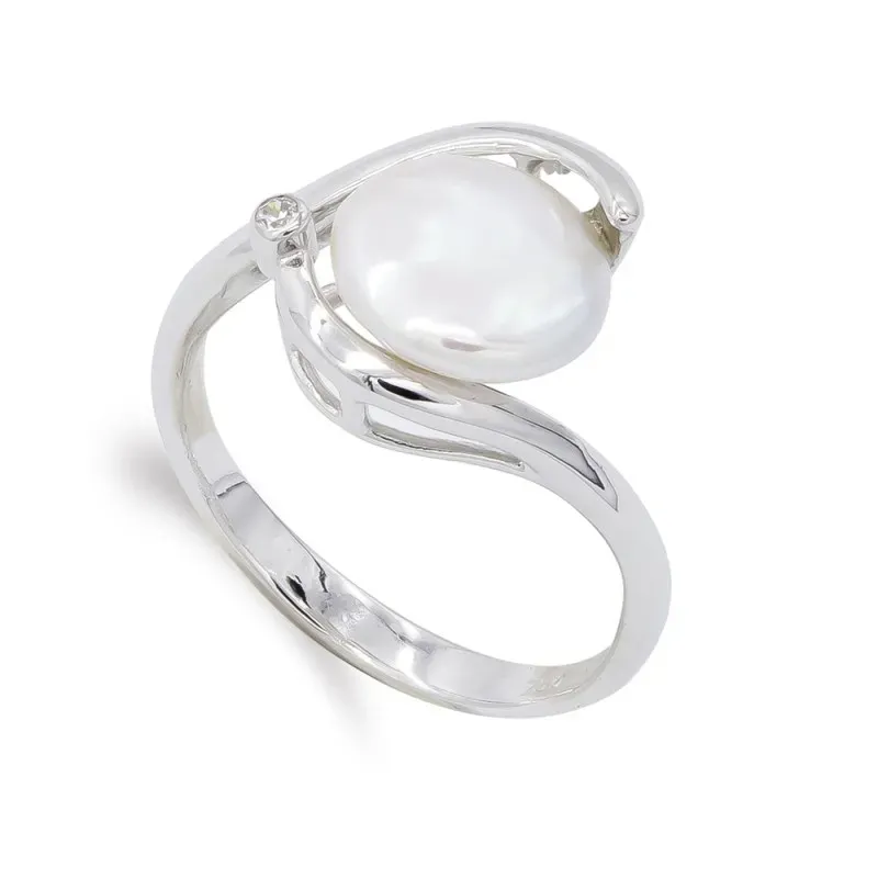 Sortija oro blanco 18k mujer formas combinadas perla centro 9 mm.