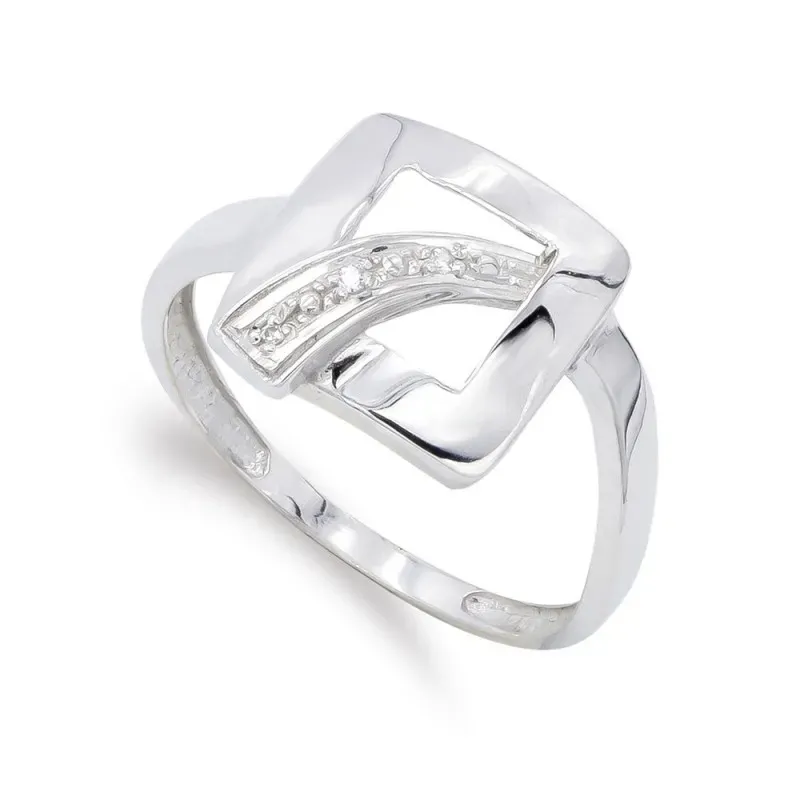 Sortija oro blanco 18k mujer forma cuadrada calada combinada circonit