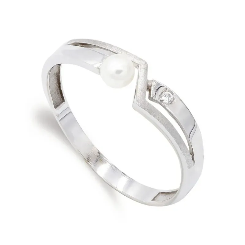 Sortija oro blanco 18k mujer perla combinada circonita lisa