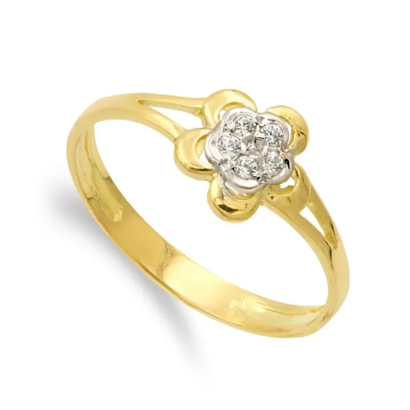 Sortija oro bicolor 18k forma flor centro lisa combinada circonitas