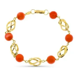 Pulsera oro 18k mujer 19 cm. coral japonés 8 mm. combinado jaulas mos