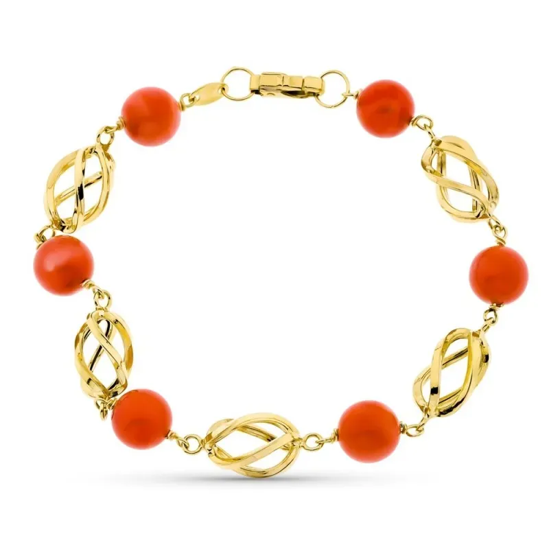 Pulsera oro 18k mujer 19 cm. coral japonés 8 mm. combinado jaulas mos
