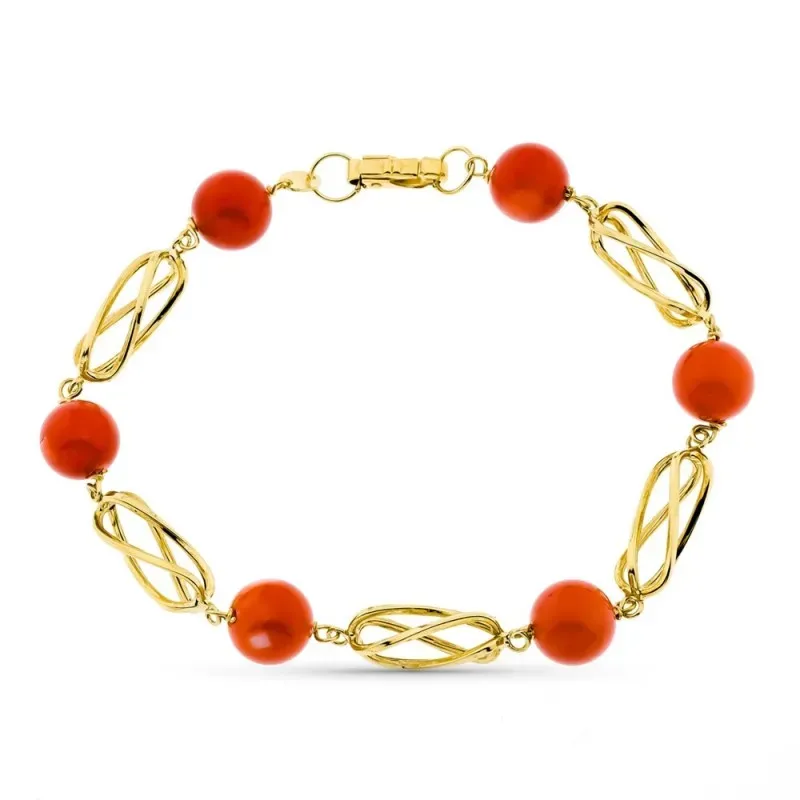 Pulsera oro 18k mujer 20.5 cm. jaulas alargadas combinadas coral fino