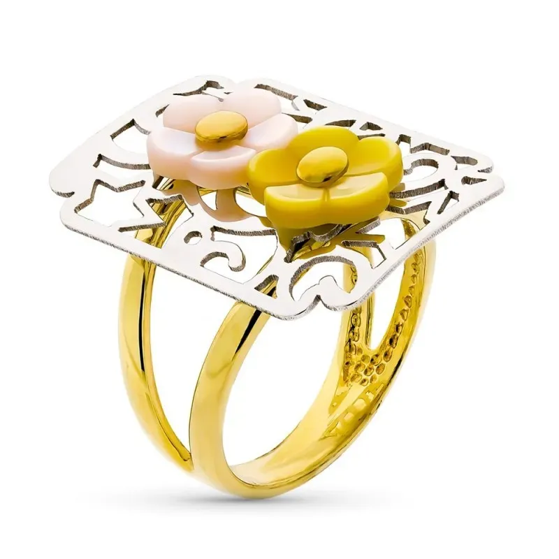 Sortija oro bicolor 18k mujer dos cuerpos cabeza cuadrada calada comb