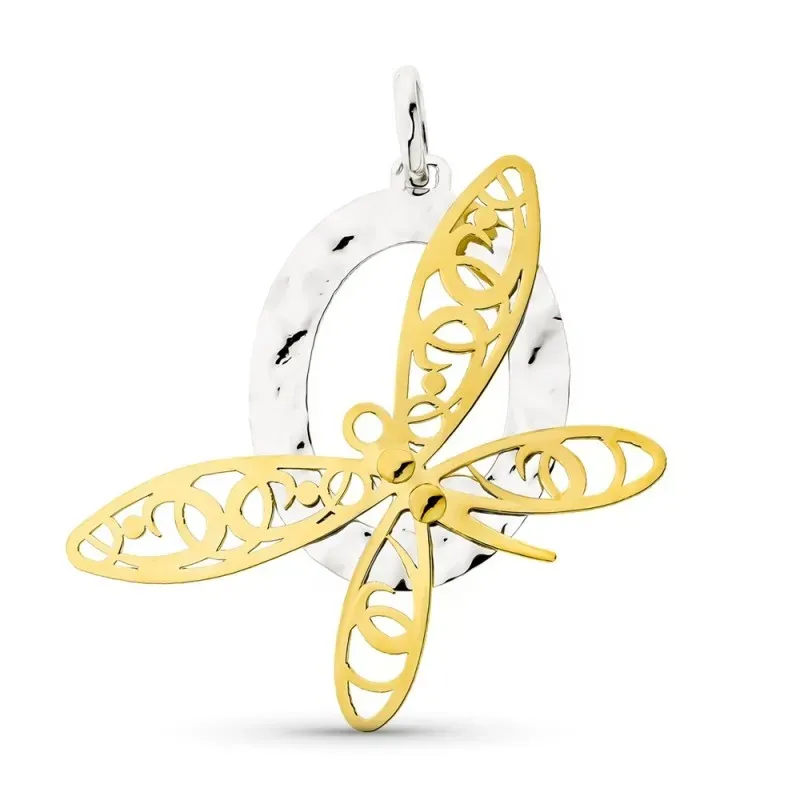 Colgante oro bicolor 18k mujer libélula calada combinada forma ovalad