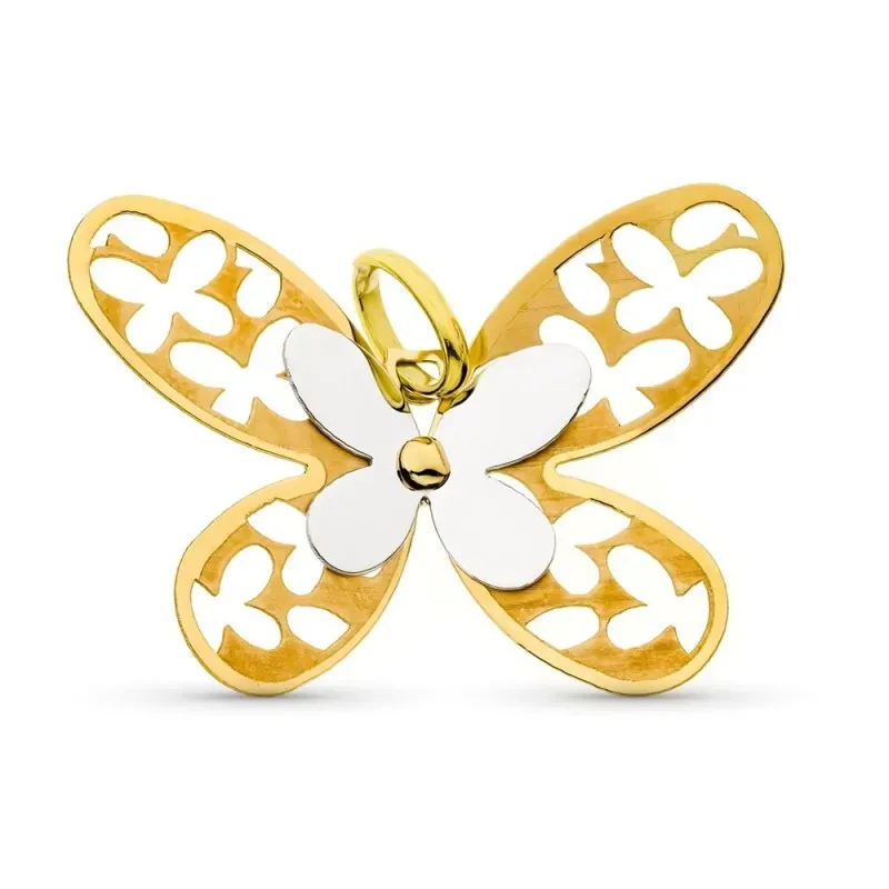 Colgante oro bicolor 18k mujer mariposa formas caladas combinada