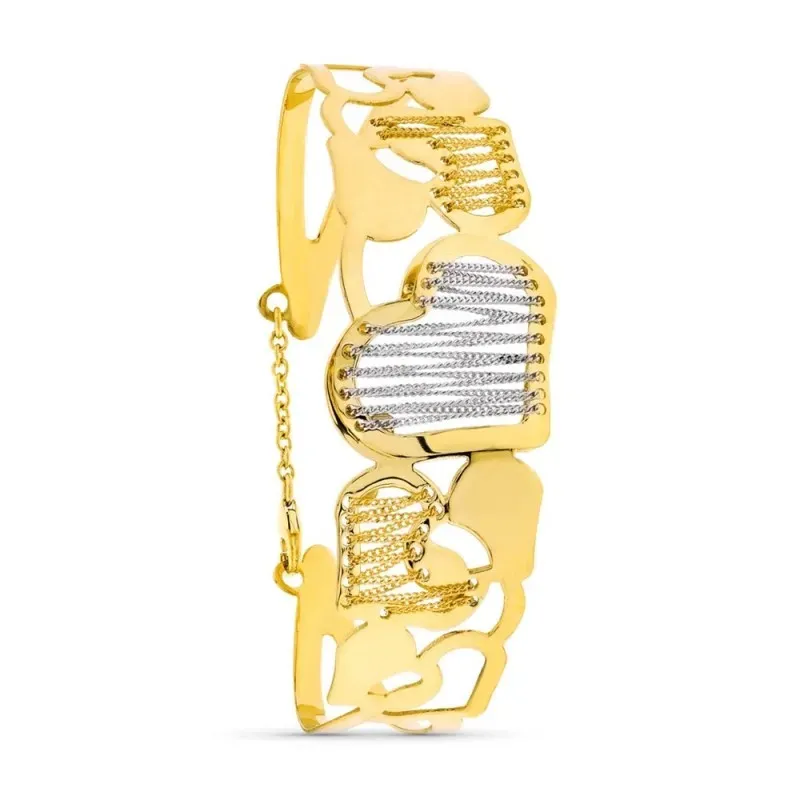 Brazalete pulsera oro bicolor 18k mujer corazones combinados cadenas